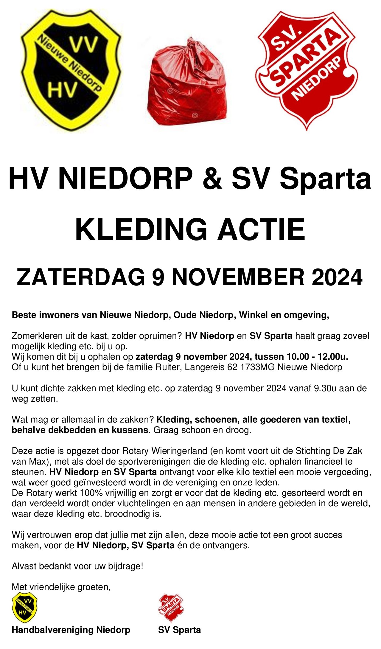 20241001 HV Niedorp SV Sparta Kledingactie Zaterdag 9 november 2024 flyer