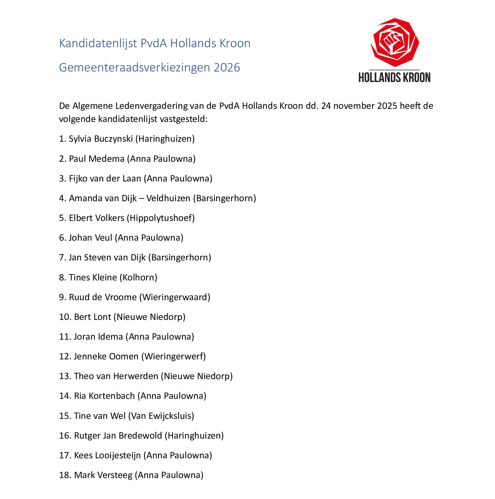 Vastgestelde Kandidatenlijst PvdA Hollands Kroonbb